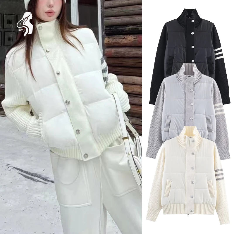 Womens Jacket Stand Collar Quilted Patchwork Knit Sleeves Casual Versatile Jacket Essential Autumn And Winter Item Trafizaran