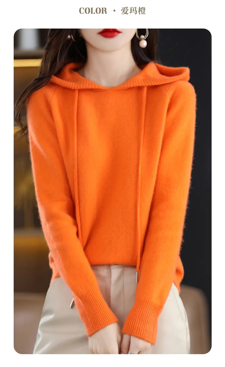 Cashmere Hooded Sweater Women Autumn Winter Long Sleeve Solid Color Knitted Hoodies Lady Loose Drawstring Casual Pullover Hoodie