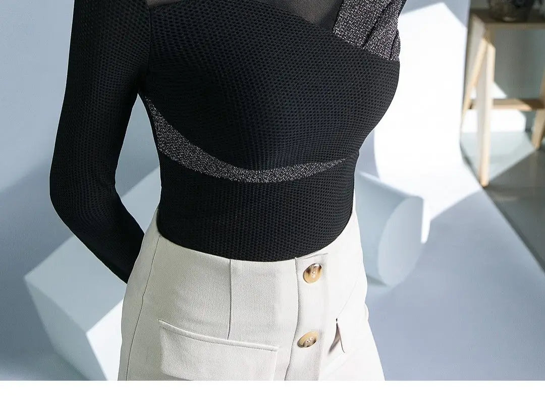 Women's Clothing Sexy See Through Mesh Patchwork Black Basic T-Shirts High Collar Elegant Chic Bright Silk Long Sleeve Slim Tops