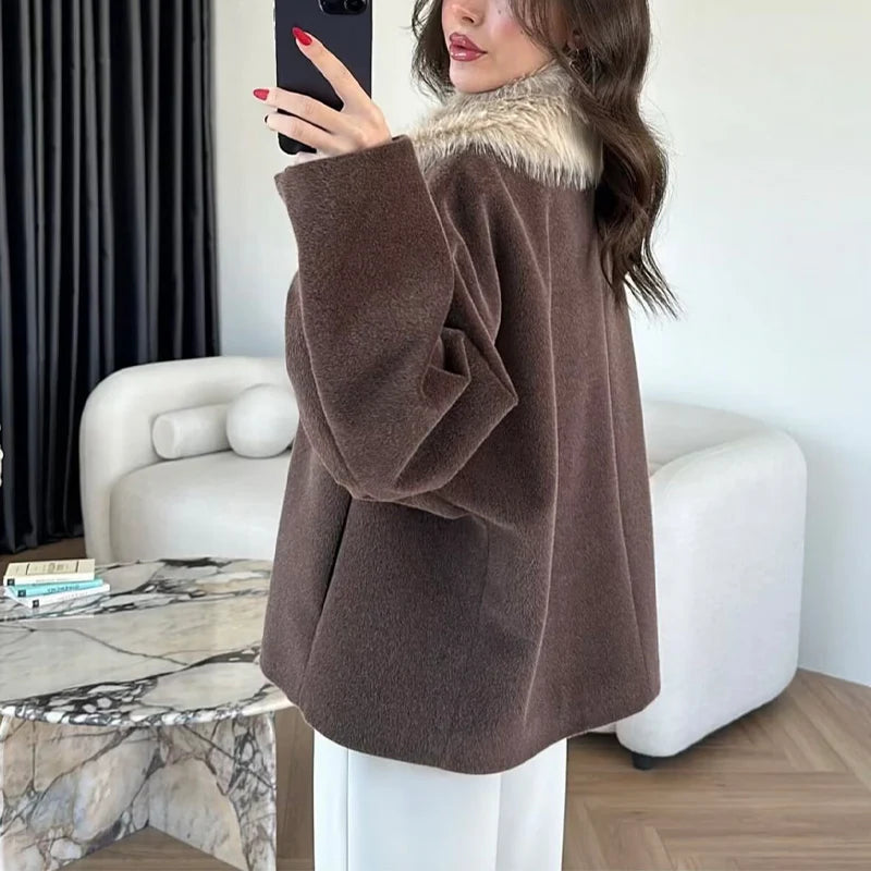 Womens Fashion Coat With Fur Collar Single Breasted Wool Coat Stylish And Versatile Suitable For Everyday And Work Wear