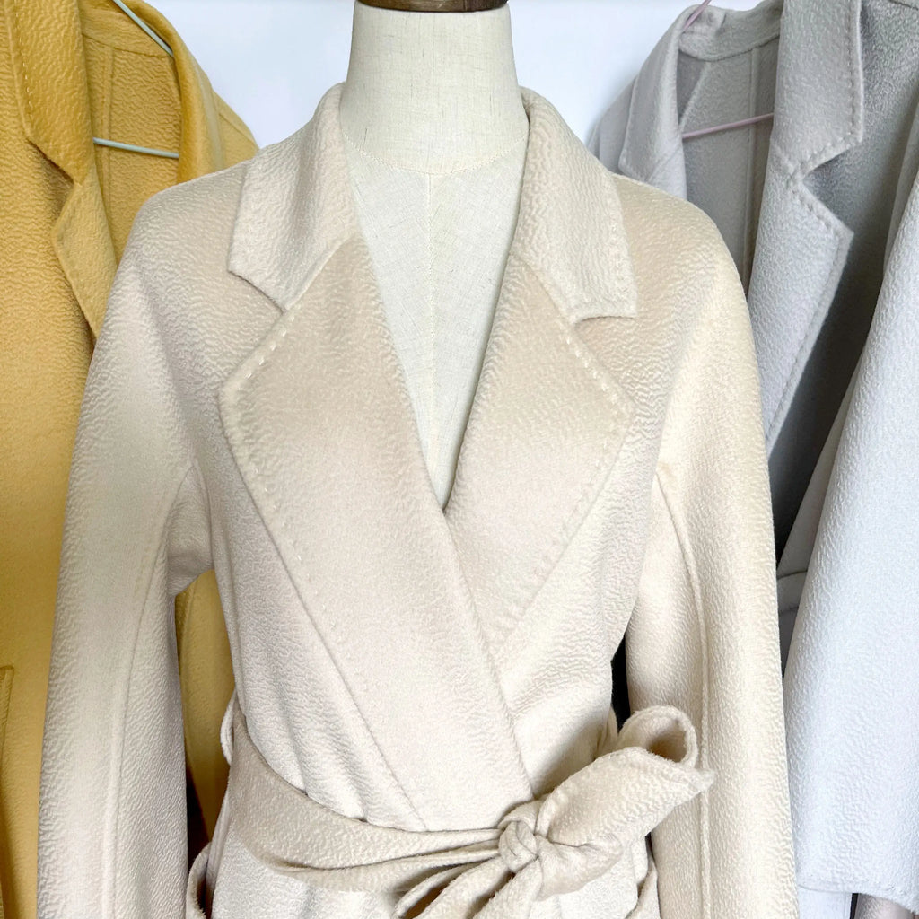 Cashmere Coat Female Winter Mid-Length Corrugated Coat Black Wool Coat Woman Autumn New Casual Fashion Red Beige Lace-Up Coat