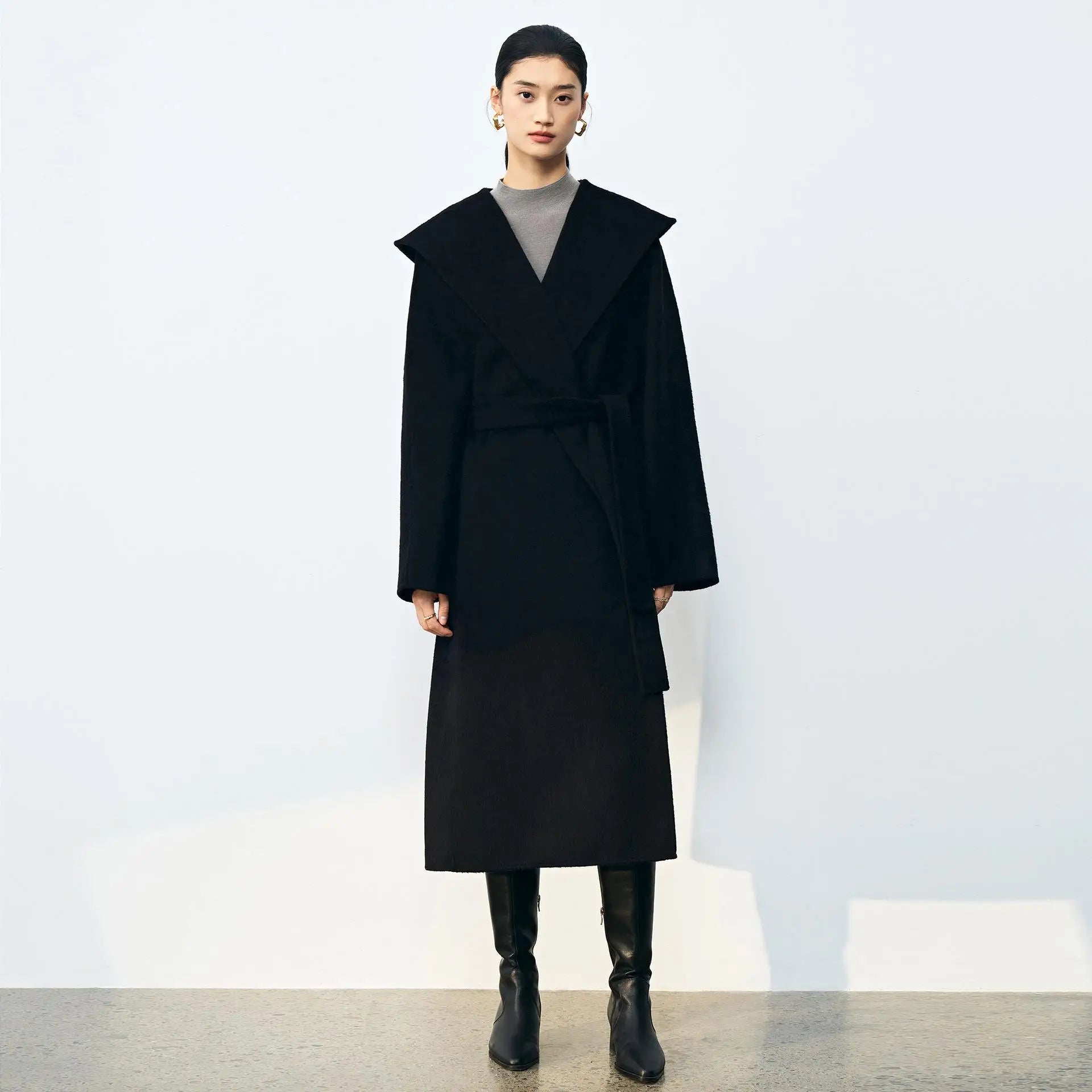 Office Lady Cashmere Woolen Jackets 2024 Autumn And Winter High-Grade Hooded Bathrobe Style Loose Lace-Up Long Women Wool Coats