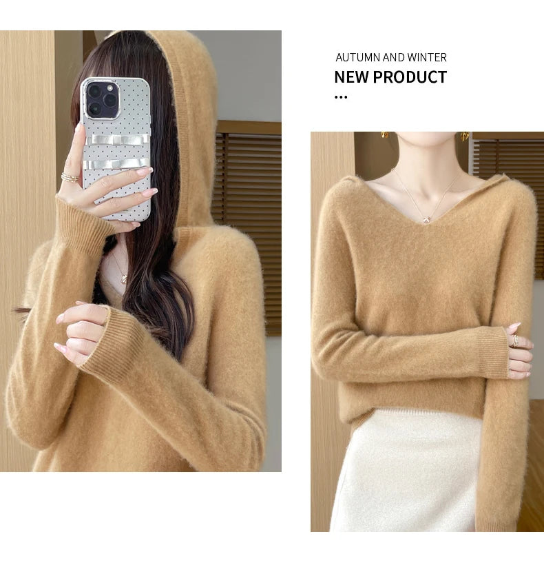 Women Autumn Winter Clothing Hooded Collar Pullover 100% Merino Wool Sweater New Fashion Cashmere Tops Bottoming Knitwear Soft