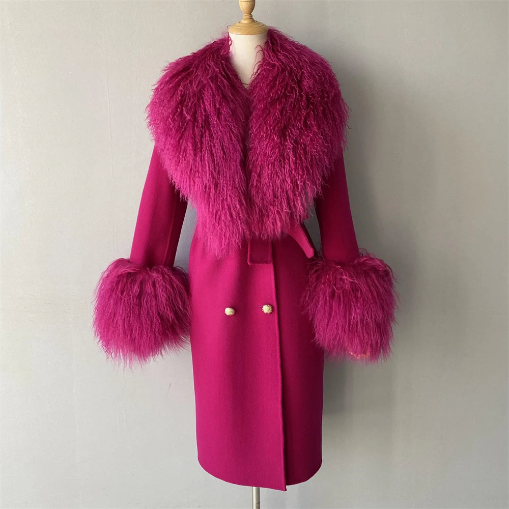 Women Cashmere Wool Coat With Real Mongolian Sheep Fur Collar  Ladies Autumn Winter Fashion Long Outwear Full Sleeve Fur Jacket