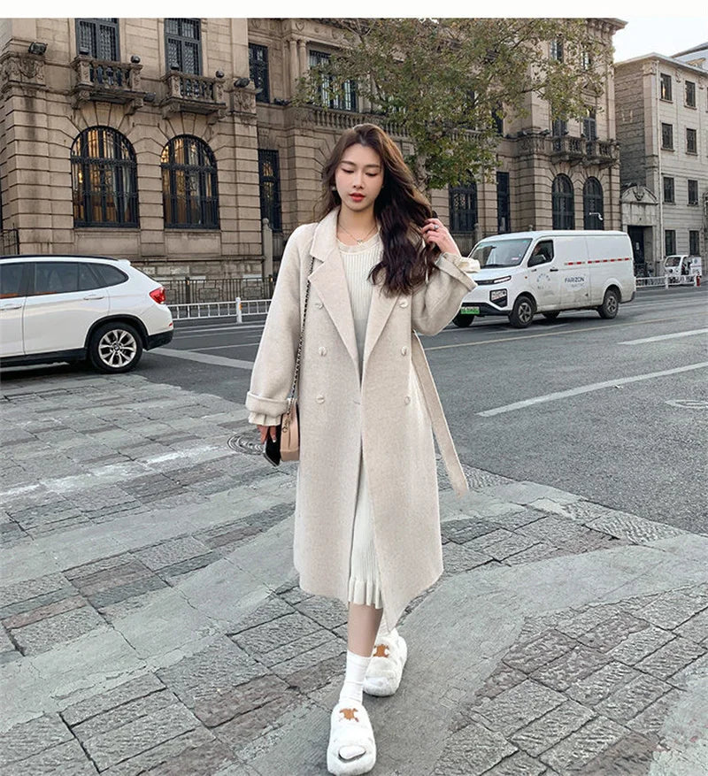 100% Wool Coat Women's Wear 2024 Autumn/Winter Fashion Temperament Double sided Cashmere Coats with Belt Elegant Long Overcoat