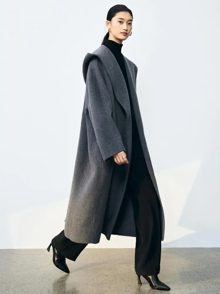 Office Lady Cashmere Woolen Jackets 2024 Autumn And Winter High-Grade Hooded Bathrobe Style Loose Lace-Up Long Women Wool Coats