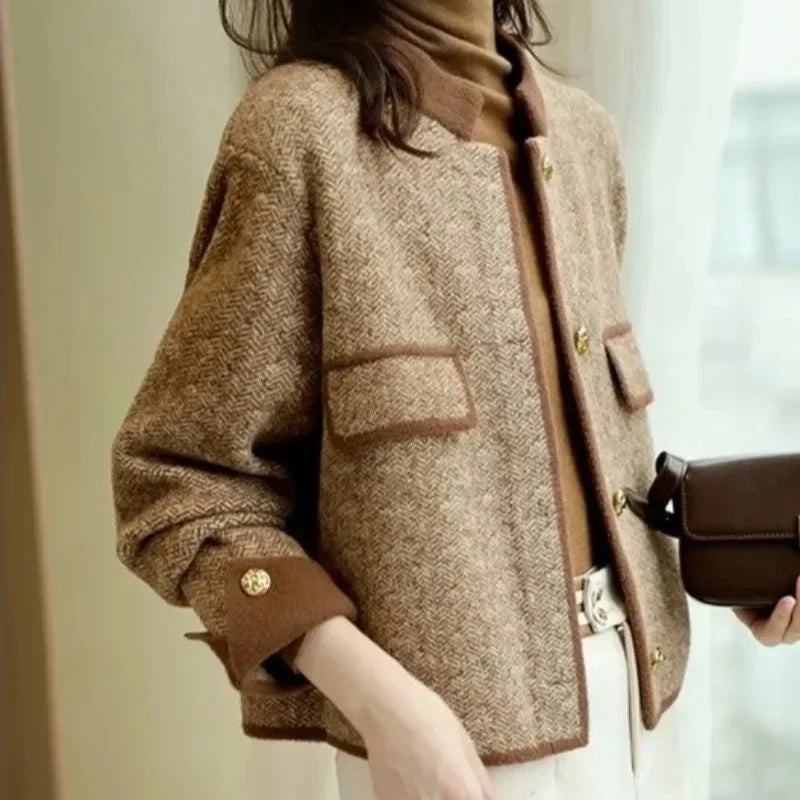 Knitting Wool Blend Coat for Women New In Round Neck Mixtures Jacket Woman Fashion 2025 High Quality Medium Elegant Hot Autumn