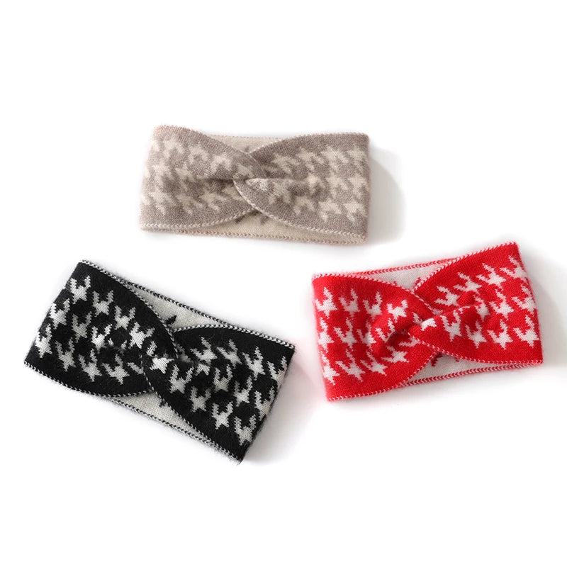 100% Cashmere Headband for Women, Color Block Hair Accessory, Wide Edge Bow Knitted Hair Ornament, Computer Jacquard Headband
