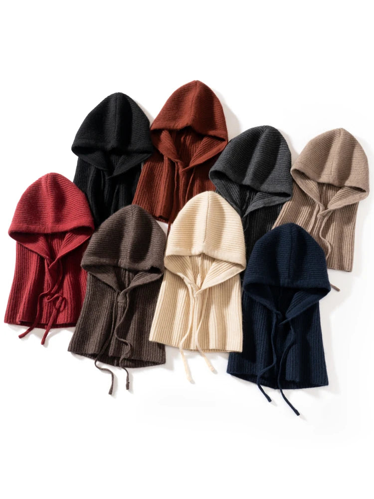 Wool Cashmere Knitted Hood Hat Scarf Elegant Hats Beanies Women Men Winter Neck Warm Balaclava Headgear Caps Unisex 4 New Colors