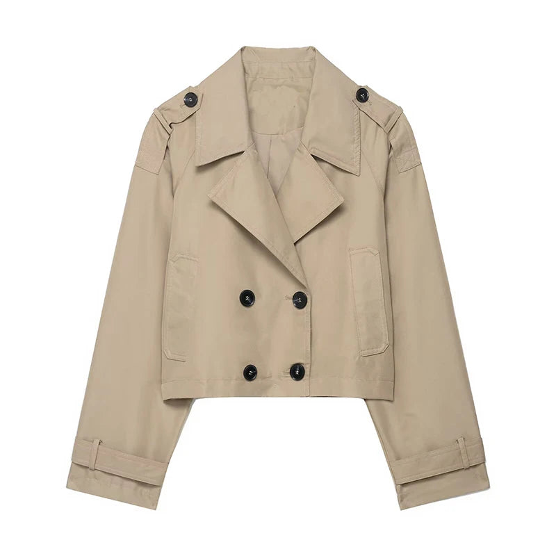 Women's Short Trench Fashion Double Breasted Turn-down Collar Long Sleeve Trench Coats Vintage Ladies Jacket Outerwear