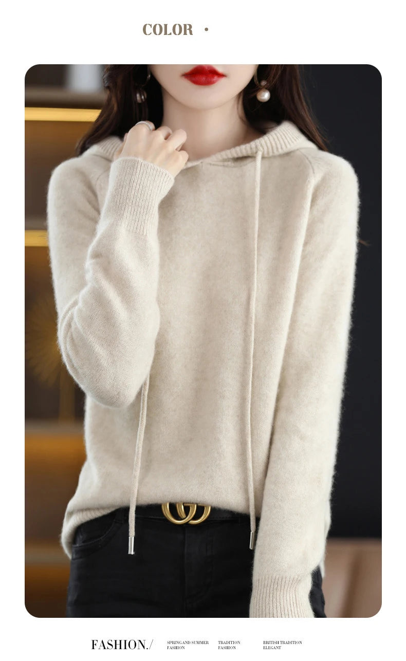 Cashmere Hooded Sweater Women Autumn Winter Long Sleeve Solid Color Knitted Hoodies Lady Loose Drawstring Casual Pullover Hoodie
