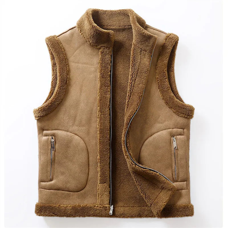 Winter Lamb Wool Vests Men Warm Coat Fashion Casual Thick Stand Collar Sleeveless Jacket Can Be Worn On Both Sides Waistcoat Man