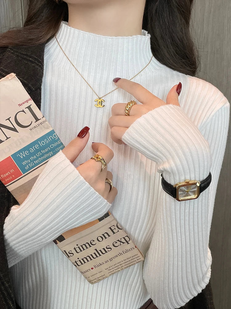 Chic Autumn Winter 2025 Pullovers Women Long Sleeve Casual Turtleneck Warm Basic Sweater Knit Jumpers Solid Color Slim Tops