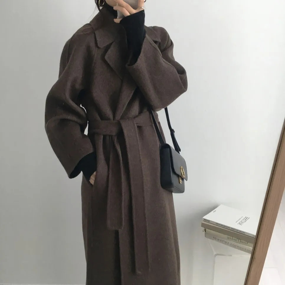 Elegant Woolen Coat Women's 2025 Autumn Winter Mid Length Adjustable Waist Thick Casual Long Sleeve Fashion Wool Coats Female