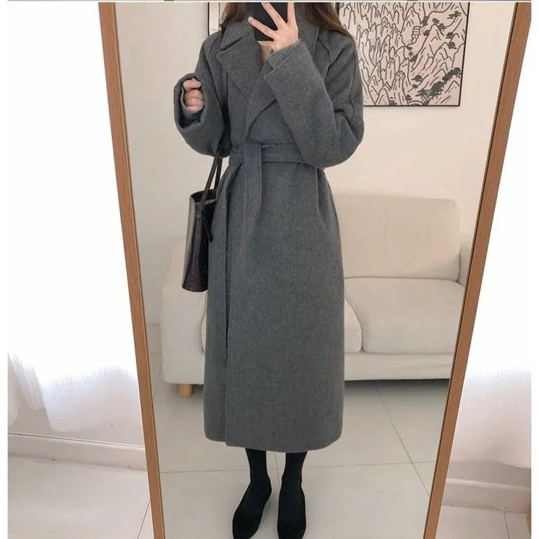 Elegant Woolen Coat Women's 2025 Autumn Winter Mid Length Adjustable Waist Thick Casual Long Sleeve Fashion Wool Coats Female