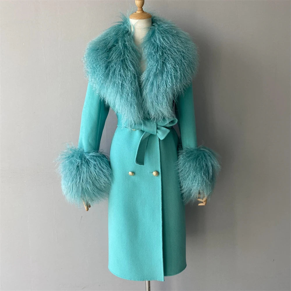 Women Cashmere Wool Coat With Real Mongolian Sheep Fur Collar  Ladies Autumn Winter Fashion Long Outwear Full Sleeve Fur Jacket