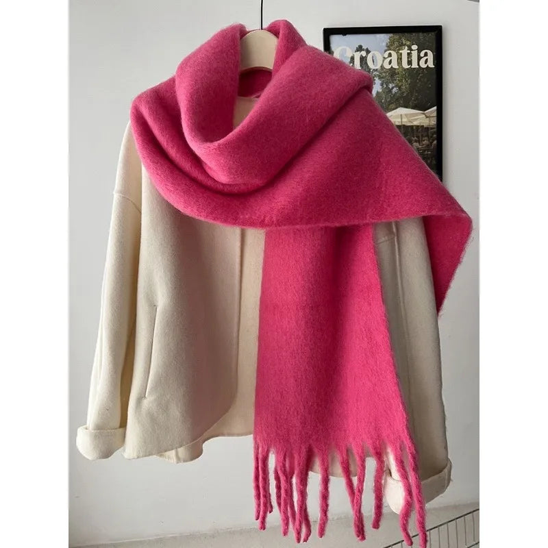Women's winter versatile cashmere warm solid color Pashmina shawl, thickened soft large fringed long cape scarf