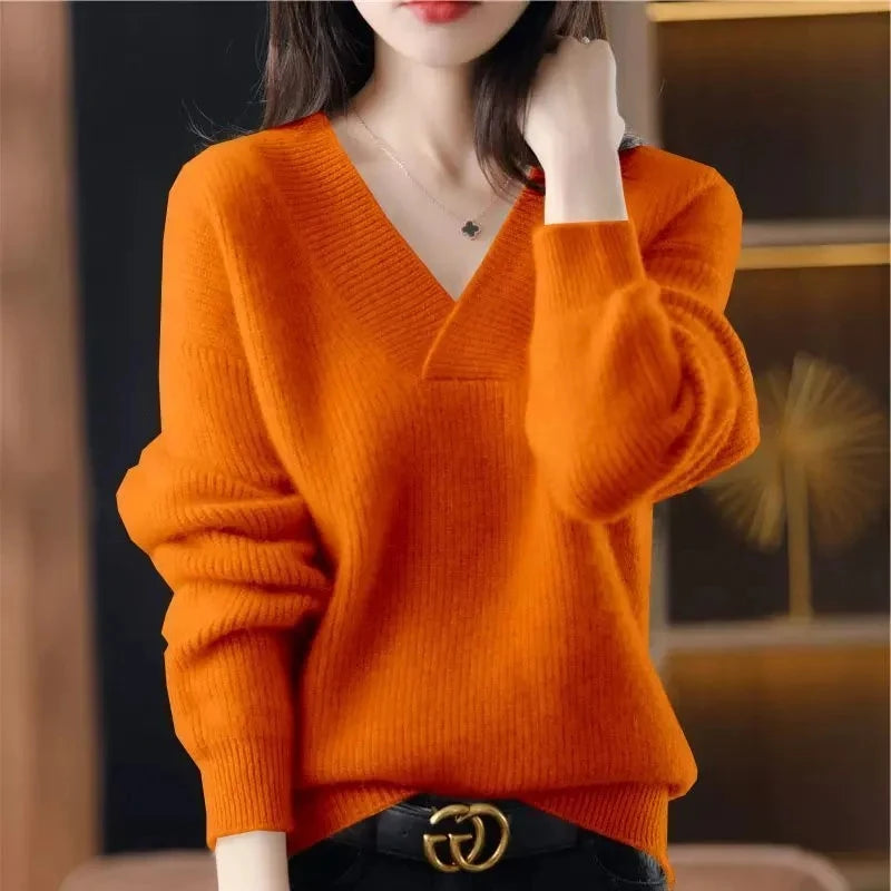 Cashmere Sweater Women's 100% Wool Sweater Fashion V-neck Knitted Pullover 2024 Winter and Autumn New Loose Solid Soft Sweater