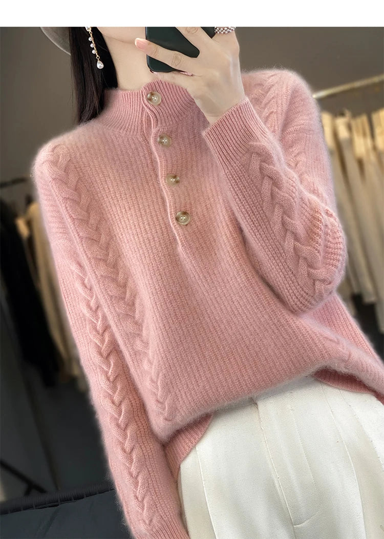 Cashmere Sweater Women's 2023 Autumn/Winter New Knitted Half High Collar Pullover 100% Wool Loose Korean Fashion Luxury Top