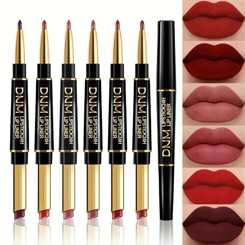 12 Colors Double-Ended Lipstick & Lip Liner Pencil，Waterproof, Non-Stick, Long Lasting,Make Natural Makeup Effect for All Skin