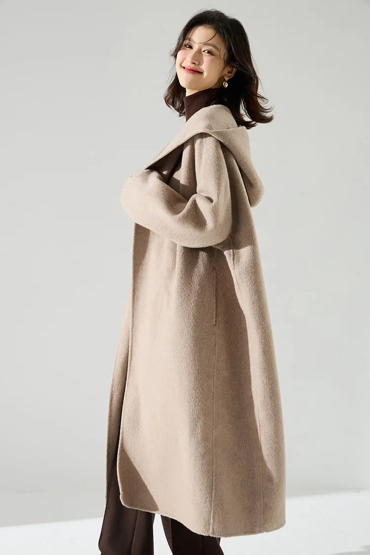 Office Lady Cashmere Woolen Jackets 2024 Autumn And Winter High-Grade Hooded Bathrobe Style Loose Lace-Up Long Women Wool Coats