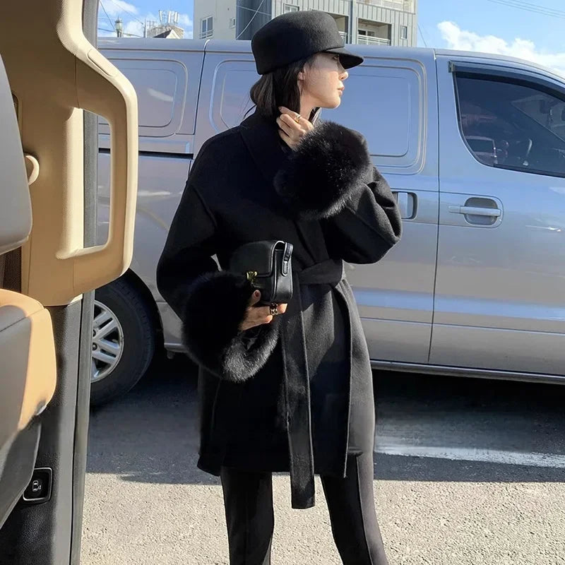 Tossy Fox Fur Wool Overcoat Women's Short Coat Office Lady Elegant Double-sided Woolen Coat 2025 New Cardigan Jackets Loose Wool