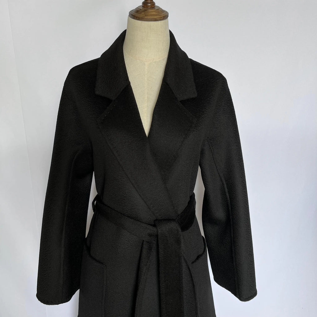 Cashmere Coat Female Winter Mid-Length Corrugated Coat Black Wool Coat Woman Autumn New Casual Fashion Red Beige Lace-Up Coat