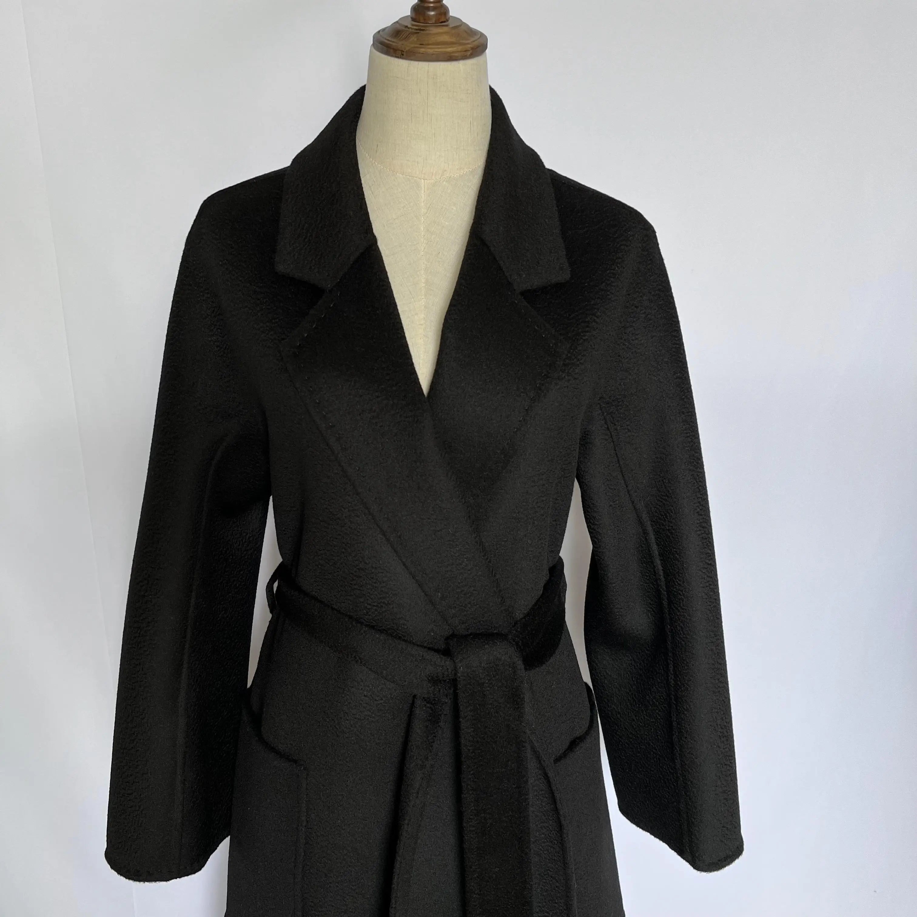 Cashmere Coat Female Winter Mid-Length Corrugated Coat Black Wool Coat Woman Autumn New Casual Fashion Red Beige Lace-Up Coat