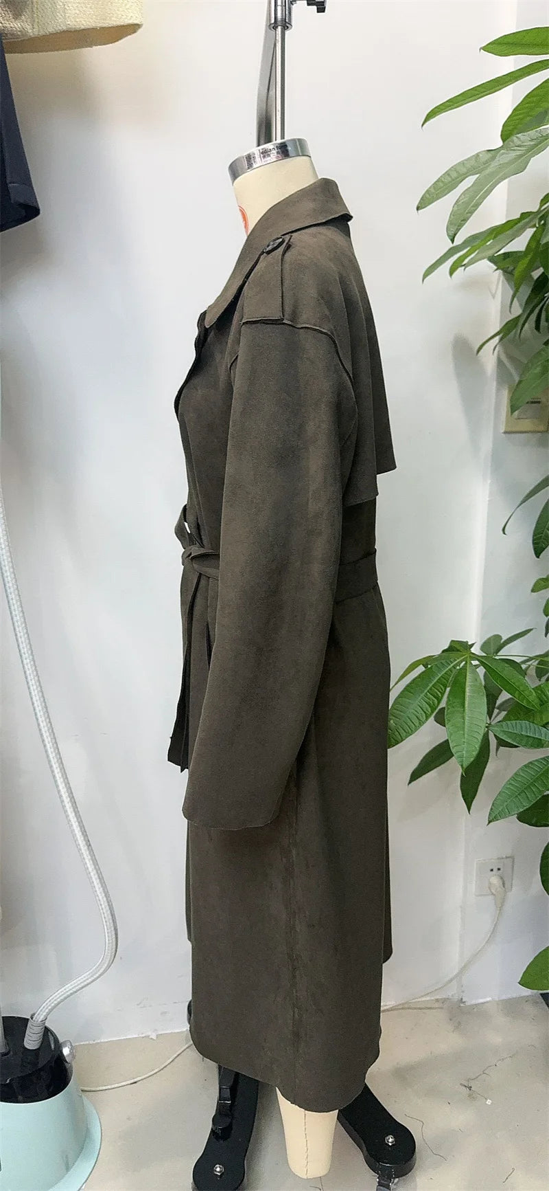 Women's Trench Coat 2025 Autumn New Style Military Green Long Sleeve Suede Effect with Belted Decoration Long Coat Stylish