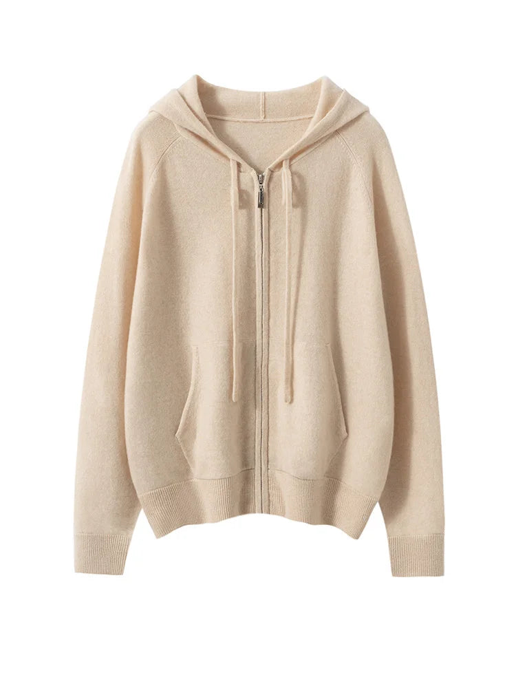 New Women 100% Cashmere Sweater Hooded Zipper Cardigan Cashmere  Autumn Winter Soft Long Sleeve Casual Simple Style Clothing Top