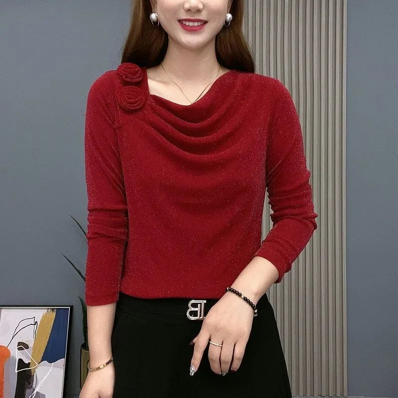 Women's Clothing Vintage Pile Collar Floral Solid Color Pullovers T-shirt  Autumn Slim Gauze Spliced Stylish Sequined T-shirt