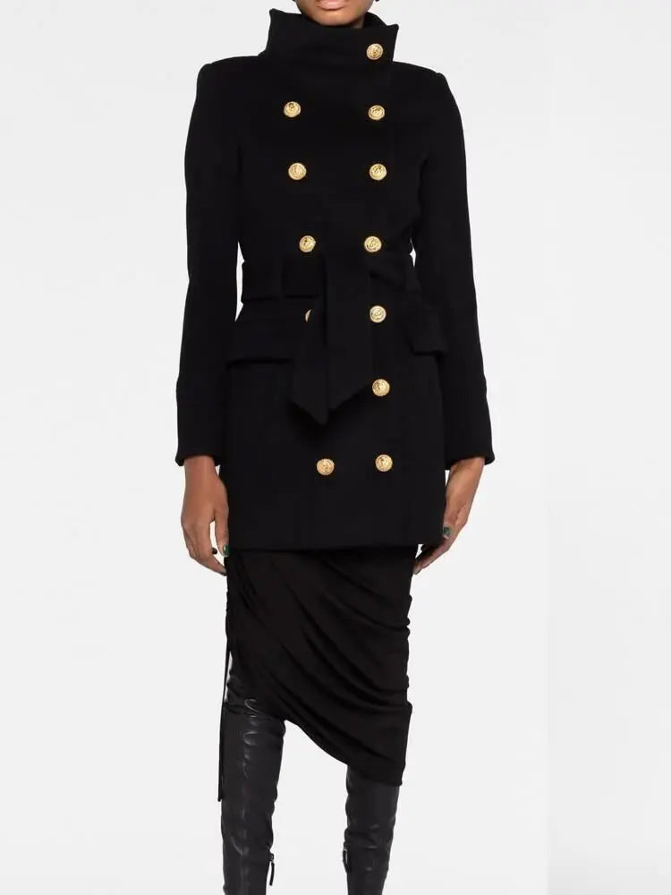 Women New Winter Black Wool Coat Gold Double Breasted Long Sleeve Coat