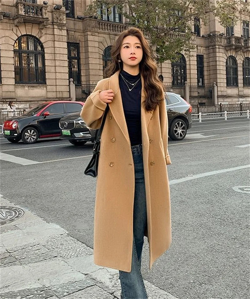 100% Wool Coat Women's Wear 2024 Autumn/Winter Fashion Temperament Double sided Cashmere Coats with Belt Elegant Long Overcoat