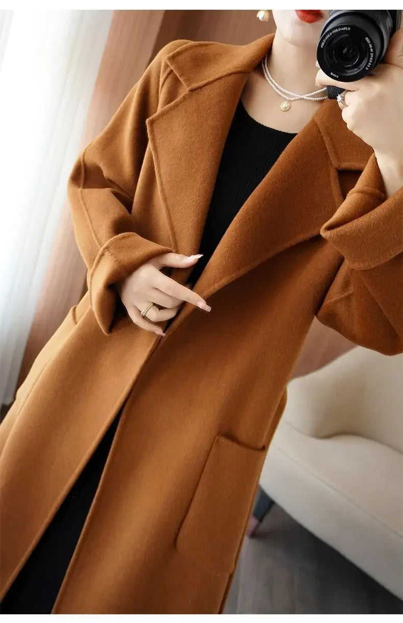 100% Wool Coat Women's Wear 2025 Autumn/Winter Fashion Temperament Double sided Cashmere Coats with Belt Elegant Long Overcoat