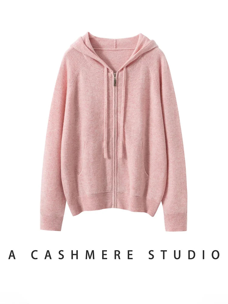New Women 100% Cashmere Sweater Hooded Zipper Cardigan Cashmere  Autumn Winter Soft Long Sleeve Casual Simple Style Clothing Top