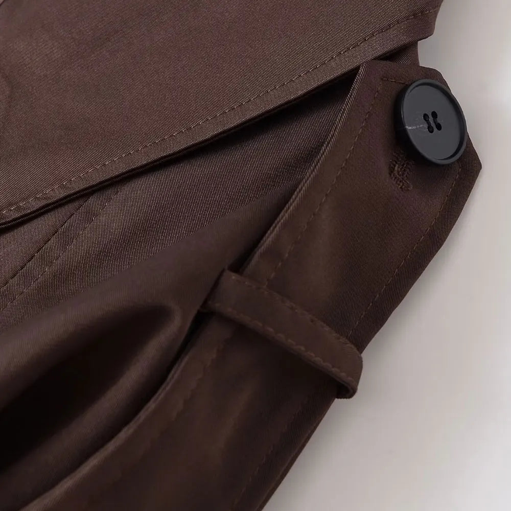 Women's Double-breasted Short Trench Coat Fashion Chic Outerwear with Pockets Long Sleeve Female Top