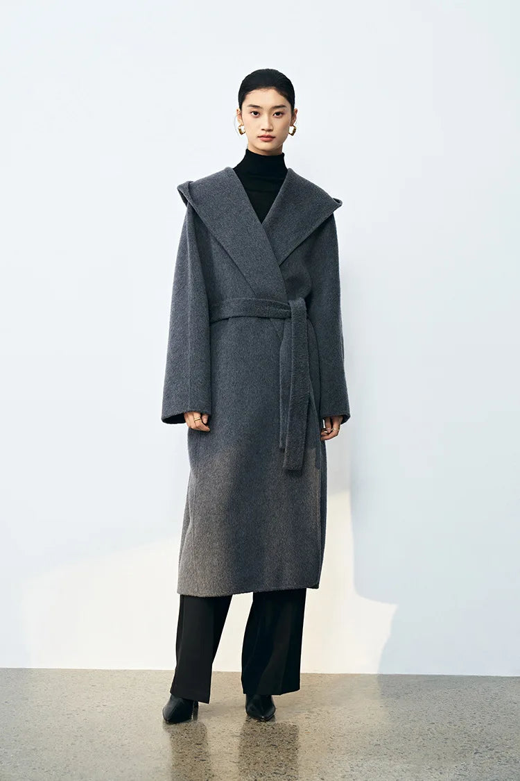 Office Lady Cashmere Woolen Jackets 2024 Autumn And Winter High-Grade Hooded Bathrobe Style Loose Lace-Up Long Women Wool Coats