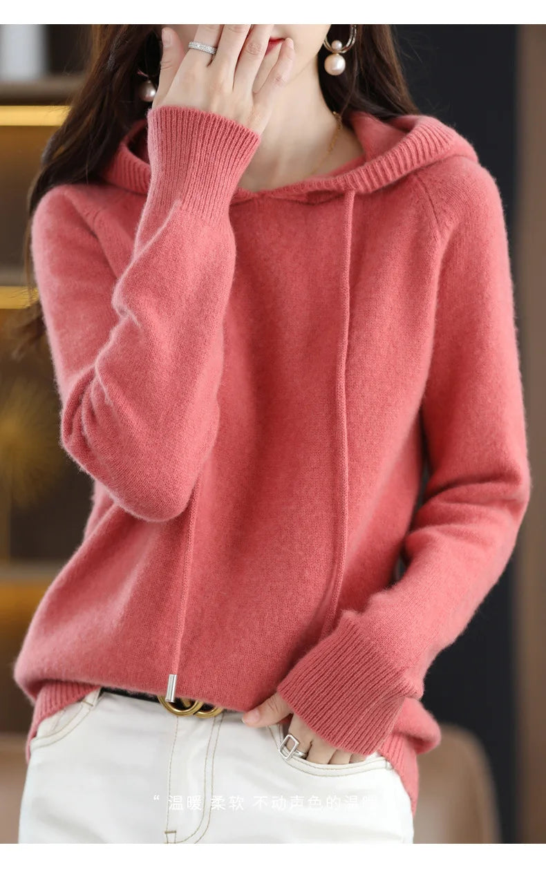 Cashmere Hooded Sweater Women Autumn Winter Long Sleeve Solid Color Knitted Hoodies Lady Loose Drawstring Casual Pullover Hoodie