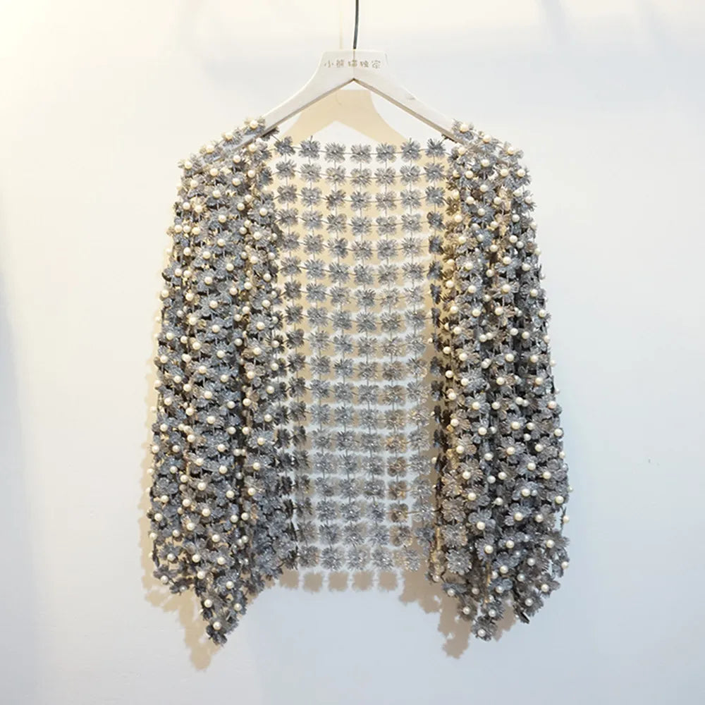 Women Beads Coat Style Women Perspective Shawl Fashion Hollow Out Lace Boleros Short Sleeve Coats Jackets Femal