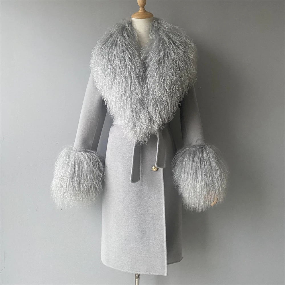 Women Cashmere Wool Coat With Real Mongolian Sheep Fur Collar  Ladies Autumn Winter Fashion Long Outwear Full Sleeve Fur Jacket