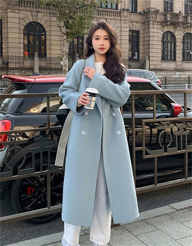 100% Wool Coat Women's Wear 2024 Autumn/Winter Fashion Temperament Double sided Cashmere Coats with Belt Elegant Long Overcoat
