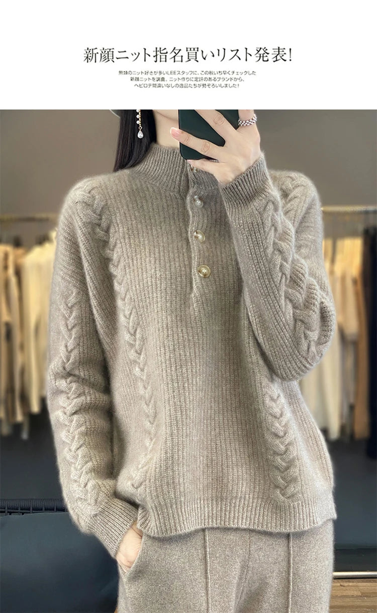 Cashmere Sweater Women's 2023 Autumn/Winter New Knitted Half High Collar Pullover 100% Wool Loose Korean Fashion Luxury Top