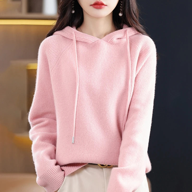 2023 New Cashmere hooded sweater Women Long Sleeve Autumn and Winter Knit hooded Pullover Solid Color Cashmere Base