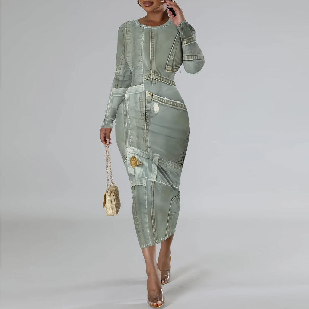 European and American women's fashion temperament casual print slim black dress