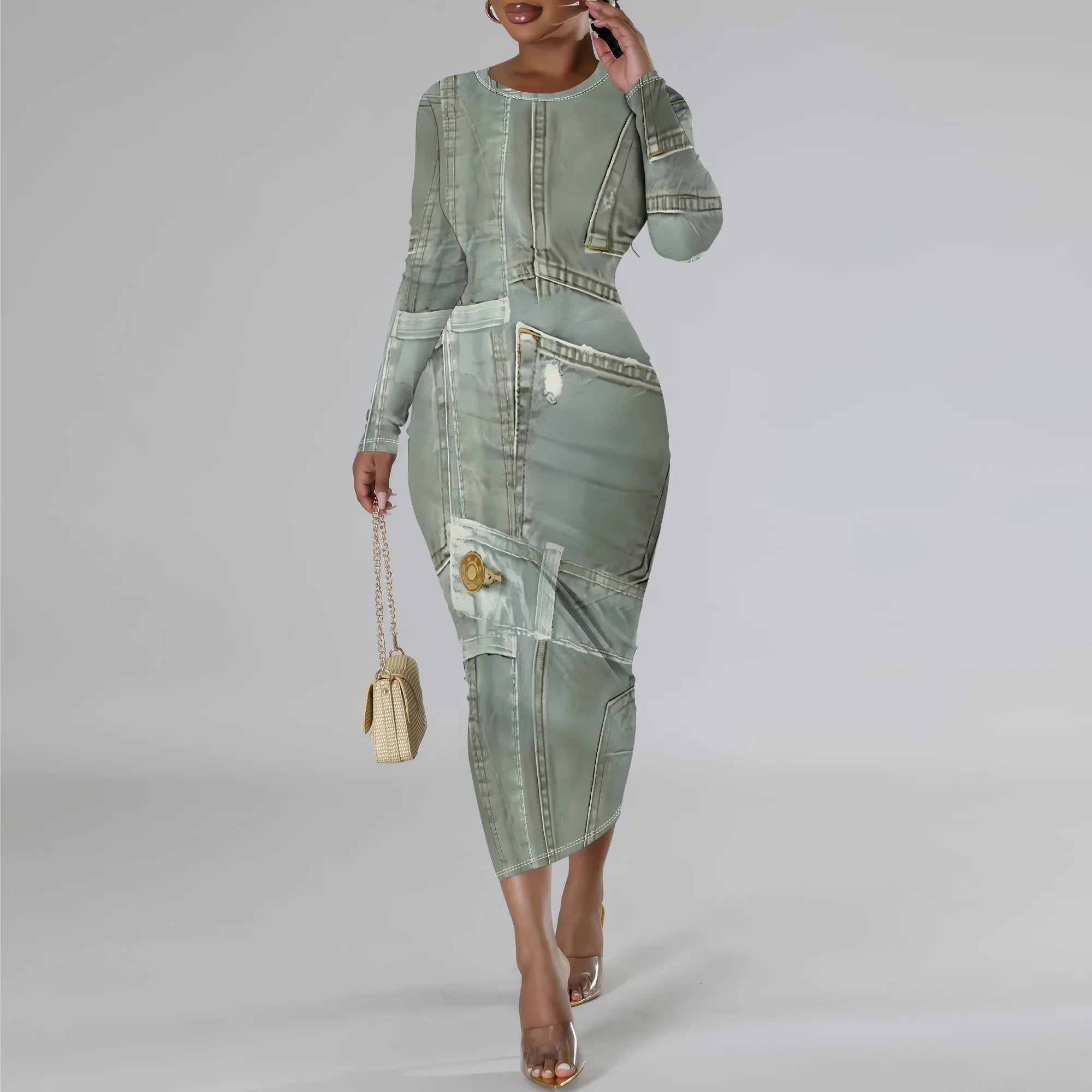 European and American women's fashion temperament casual print slim black dress