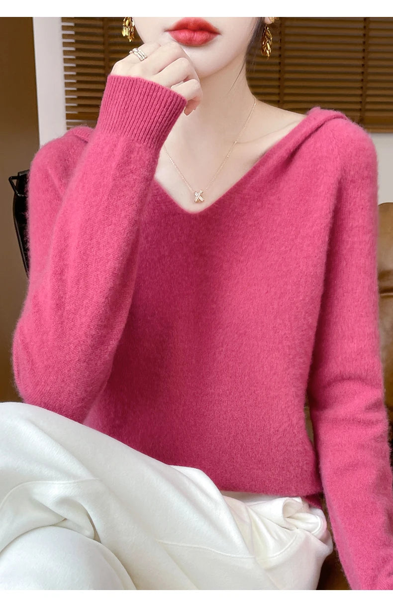Women Autumn Winter Clothing Hooded Collar Pullover 100% Merino Wool Sweater New Fashion Cashmere Tops Bottoming Knitwear Soft