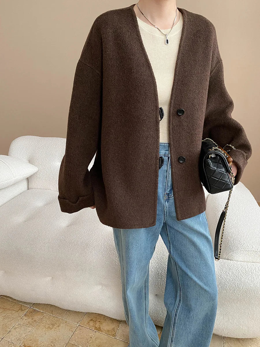 Winter women's casual solid color V-neck double-sided woolen coat jacket