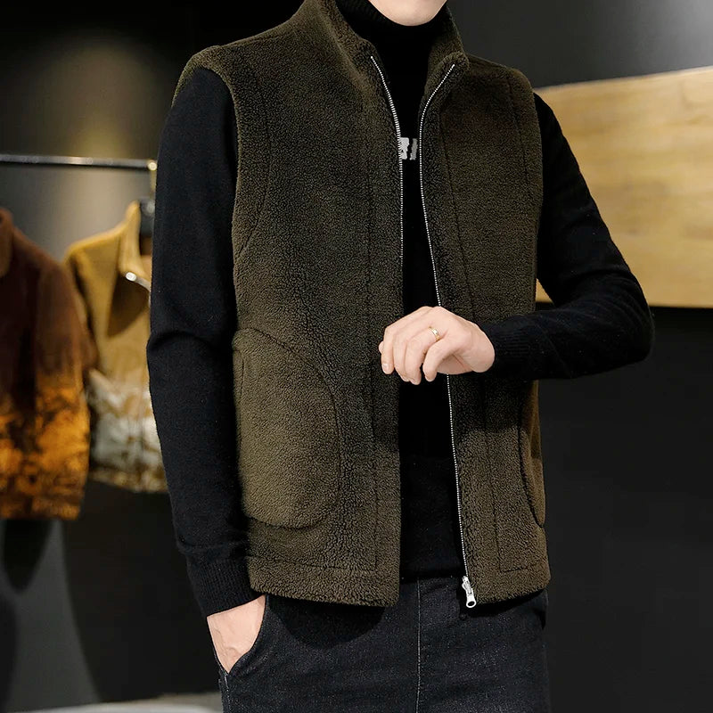 Winter Lamb Wool Vests Men Warm Coat Fashion Casual Thick Stand Collar Sleeveless Jacket Can Be Worn On Both Sides Waistcoat Man
