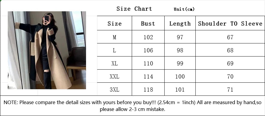 New Autumn Winter Women Coat Color Matching Turn-down Collar Double-breasted Mid Length Lady Coat Double-sided Female Overcoat