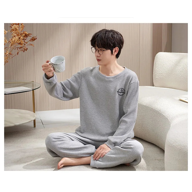 Men's Clothes Fall and Winter Pajamas Cotton Waffle Fashion Solid Color Comfortable Elastic Loungewear Homewear Youth Sleepwear